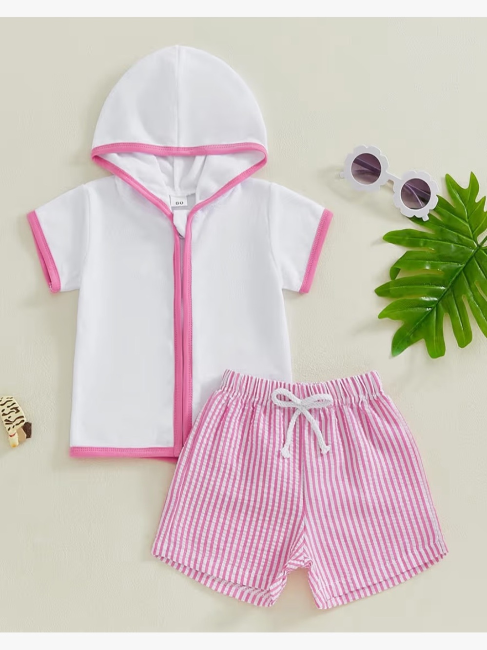 Terry Seersucker Pink Stripe Baby Girl Swim Hooded Terry Cover Up Shorts Top Set - Picture 2 of 11